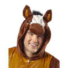 Adult horse onesie costume with plush brown fabric, mane, tail, and 3D horse hood
