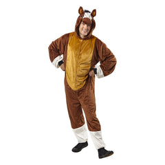 Adult horse onesie costume with plush brown fabric, mane, tail, and 3D horse hood