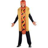 Hot diggerty dog adult costume with hood attached to tunic.