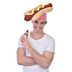 Plush hot dog hat with bun and mustard, novelty costume accessory from Dr Toms