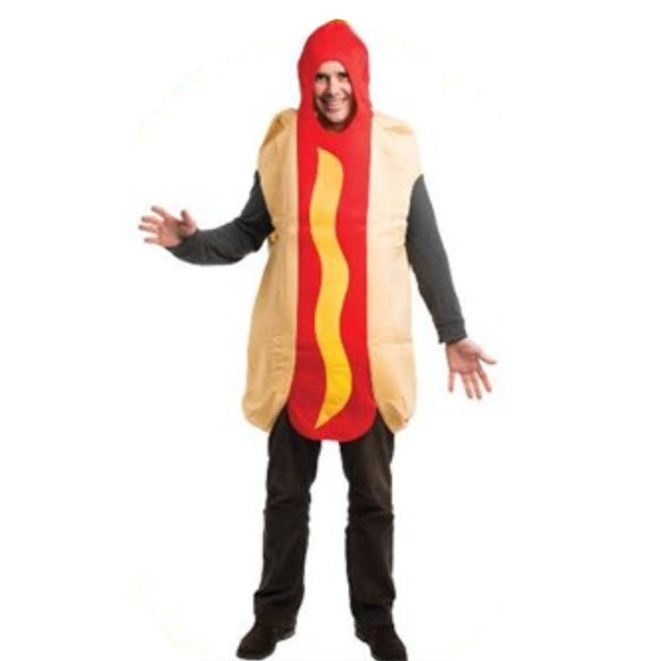 Front view of Hot Dog Novelty Costume with bun, sausage, and mustard print – foam tunic for adults.