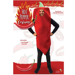 Adult hot pepper costume with red tunic and green hood – perfect for Taco Tuesday, fiestas, and Halloween parties