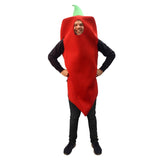 Adult hot pepper costume with red tunic and green hood – perfect for Taco Tuesday, fiestas, and Halloween parties
