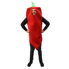 Adult hot pepper costume with red tunic and green hood – perfect for Taco Tuesday, fiestas, and Halloween parties
