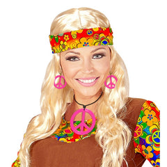Hot pink hippie necklace and matching earrings set for 1960s retro costumes