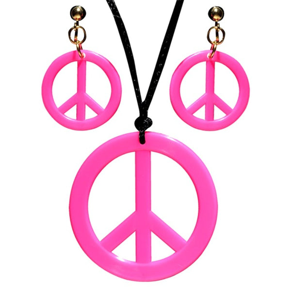 Hot pink hippie necklace and matching earrings set for 1960s retro costumes