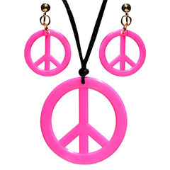 Hot pink hippie necklace and matching earrings set for 1960s retro costumes