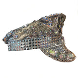Burning Man Sequined Festival Hat-Silver/White.  All over sequin fabric at the top, heavily sequin feature motifs on front. Large square sequin band and feature diamantes and spikes on peak.
