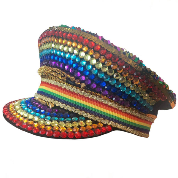 Festival Sequined Hat-Pride Rainbow. Cap with sequin top and colourful diamantes over the front and brim, rainbow cord band.