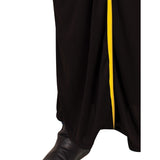 Close up of hufflepuff robe for child ankle length with yellow trim.