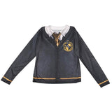 hufflepuff top for adults with cardigan, shirt collar, tie print.