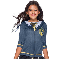 hufflepuff top for a child, printed long sleeve shirt in cardigan and tie look.