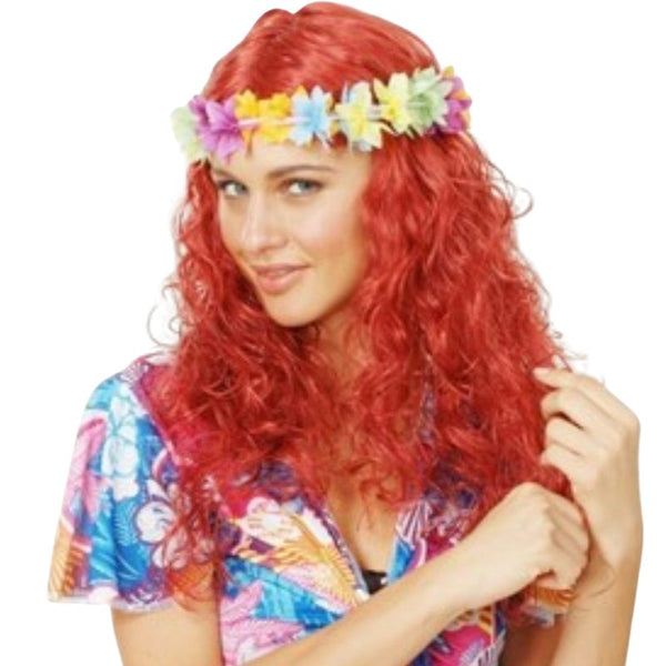 Hula Honey Long Red Wavy Wig with centre part, synthetic fibre, vibrant red colour