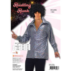 Hustling hunk shirt in silver and black metallic print.
