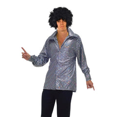 Hustling hunk shirt in silver and black metallic print.