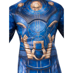 Ikaris Deluxe Adult Costume – digitally printed tunic with wet-look finish, fibre-filled muscle chest and sleeves, foam-backed collar and knee pads, and matching pants with attached boot covers.