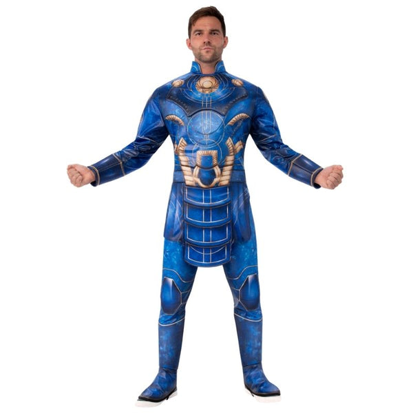 Ikaris Deluxe Adult Costume – digitally printed tunic with wet-look finish, fibre-filled muscle chest and sleeves, foam-backed collar and knee pads, and matching pants with attached boot covers.