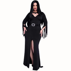 Immortal Mistress Halloween Costume - Plus, black figure hugging dress with centre slit to mid thigh, feature jagged sleeves.