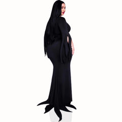 Immortal Mistress Halloween Costume - Plus, black figure hugging dress with centre slit to mid thigh, feature jagged sleeves.