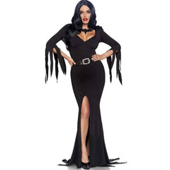 Immortal Mistress Halloween Costume, figure hugging black dress with mid thigh split, jagged sleeves and hemline.