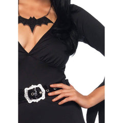 Immortal Mistress Halloween Costume, figure hugging black dress with mid thigh split, jagged sleeves and hemline.