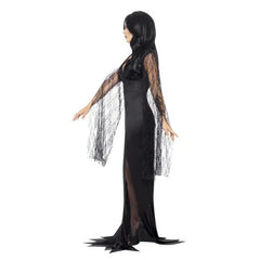 Immortal Soul Costume, floor length figure hugging black dress, v neckline with long lace sleeves.
