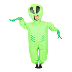 Inflatable Alien Novelty Costume, green jumpsuit with attached hood and alien face on hood.