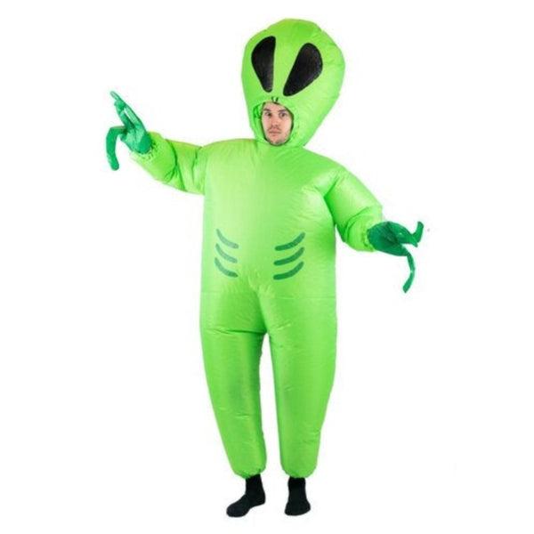 Inflatable Alien Novelty Costume, green jumpsuit with attached hood and alien face on hood.