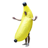 Inflatable banana costume, large costume with hood and comes close to ankles, holes for arms and face.