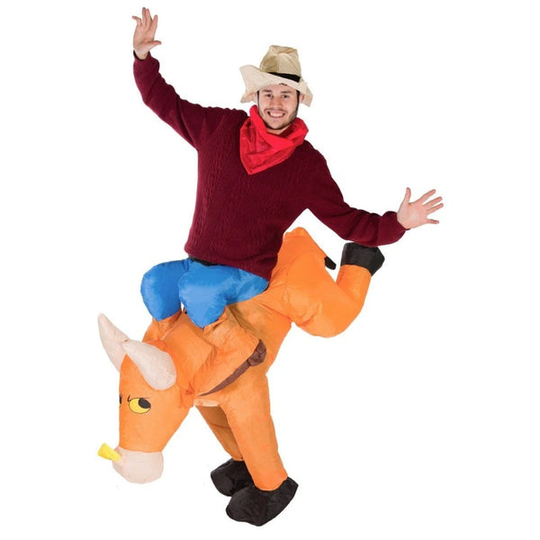 Inflatable Bull Rider Adult Costume sits at waist with upper legs showing in bull costume.