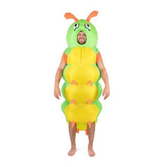 Adults Inflatable Caterpillar Costume in green and yellow with rolls and large head with antanee and mini legs.