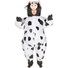 Inflatable Cow Adult Costume, covers head to toe, white with black spots, face is showing in cow head.