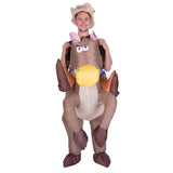Inflatable cowboy costume sits at waist and front horse legs are sitting up.