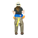 inflatable cowboy costume has a yellow tail and fan is attached at back waist.