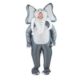 Adults Fullbody Inflatable Elephant Costume, covers from head to toe, opening for face in the middle of elephant head with large ears, trunk and tusks.