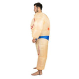 Inflatable muscleman costume, flesh tone with blue togs.