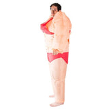 Inflatable musclewoman adult costume in flesh tone with red bikini.