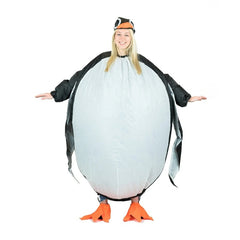 Inflatable penguin costume, fat black and white costume with seperate feet and cap.