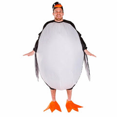 Inflatable penguin costume, fat black and white costume with seperate feet and cap.