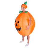 Inflatable pumpkin halloween costume, round with face and hat.