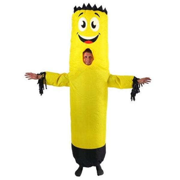 Adults Inflatable Tubeman Costume, stand tall with face opening and sleeves with fringing, covers head to toe.