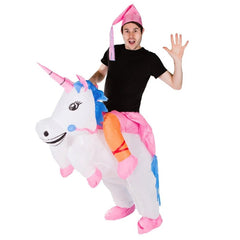 Inflatable unicorn adult costume, ride on style with matching pink hat.