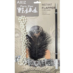 Instant Flapper Accessory Set - Silver, headband in seilver with black feather long pears and toy cig holder.
