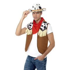 Instant Kit Wild West Male, includes brown vest with cow print insert and fringing, matching cow print hat and red neck scarf.