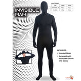 Invisible man black costume, jumpsuit with attached gloves and socks plus mask.