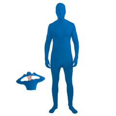 Blue full-body suit with a smaller inset showing a person wearing it on a white background