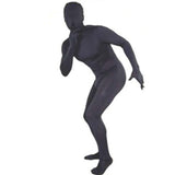 invisible man costume in black with attached hood, gloves and feet.