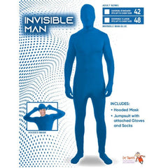 Blue full-body suit with a smaller inset showing a person wearing it on a white background