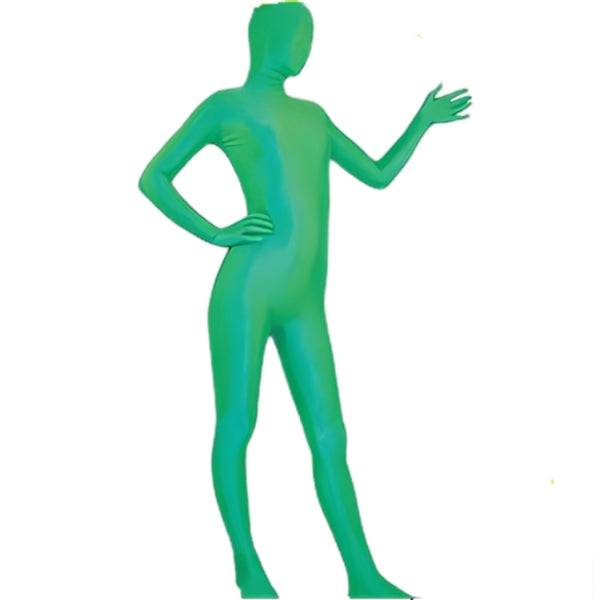 invisible man costume in green with attached hood and gloves.