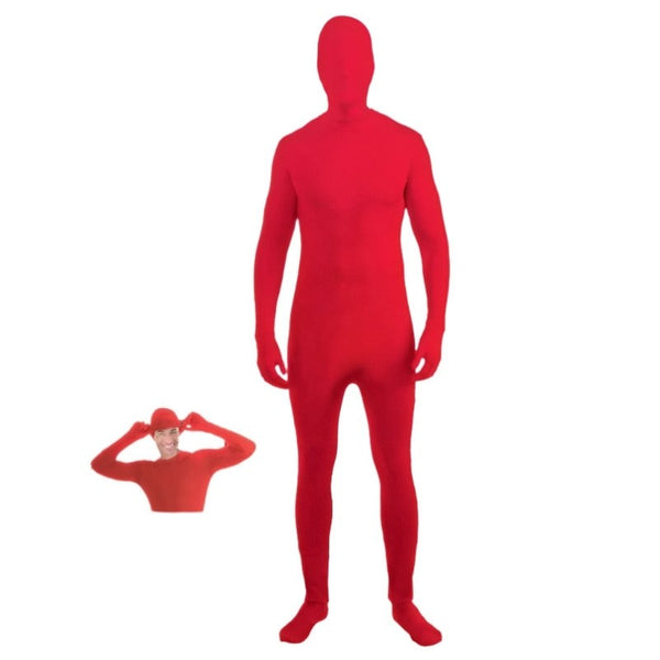Red full-body suit with a matching red hood on a white background